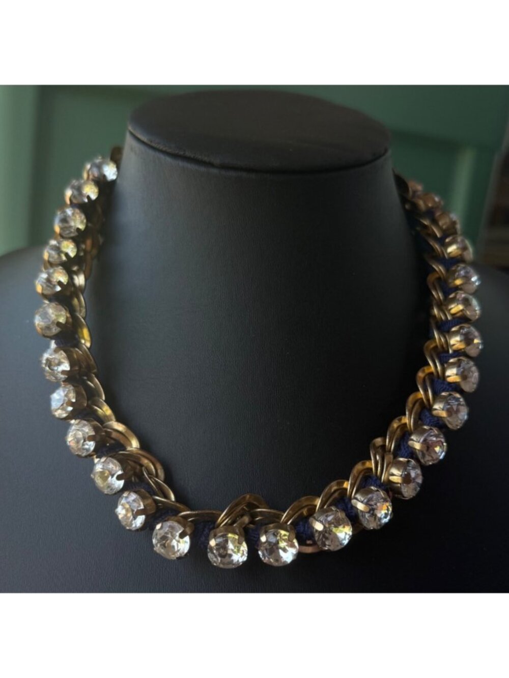 Ann Taylor Gold-Tone Chain Necklace Large Clear Crystals Navy Thread Detailing